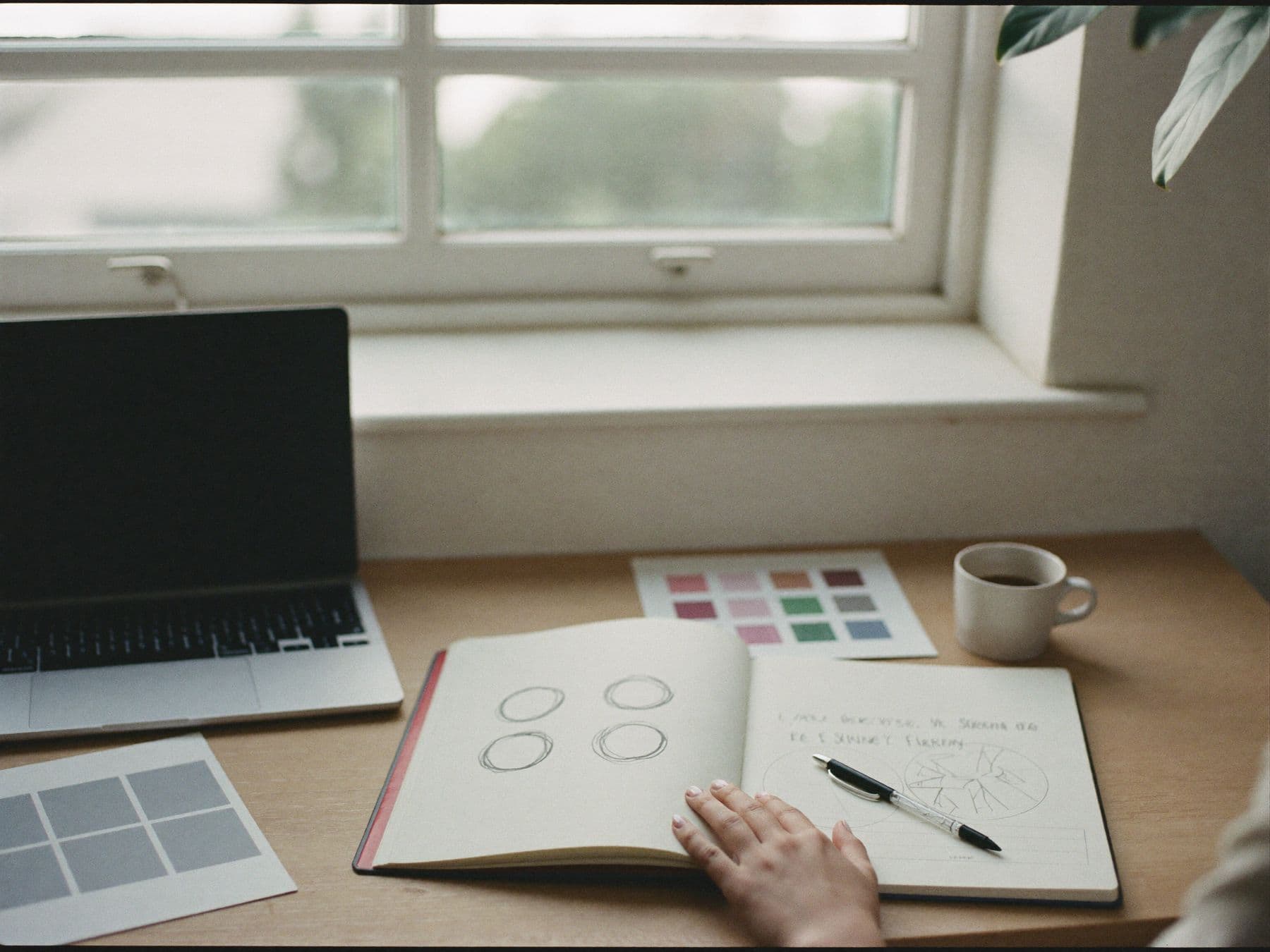 A designer's desk with a sketchbook, swatches and a laptop